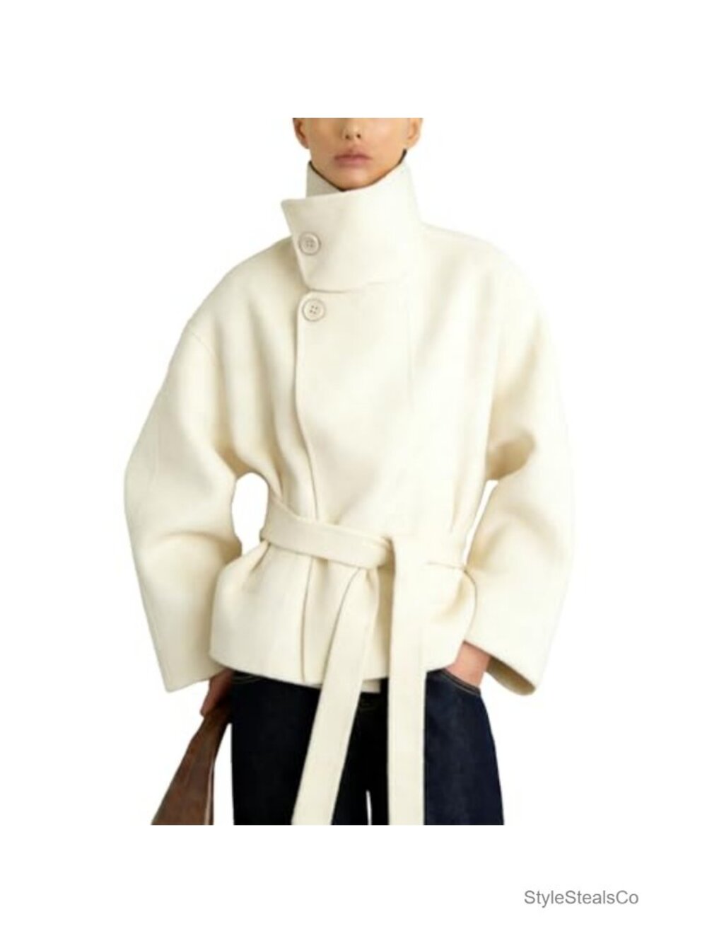 Women's Cropped Pea Coat Wool Blend with Belt - Elegant Fall Winter